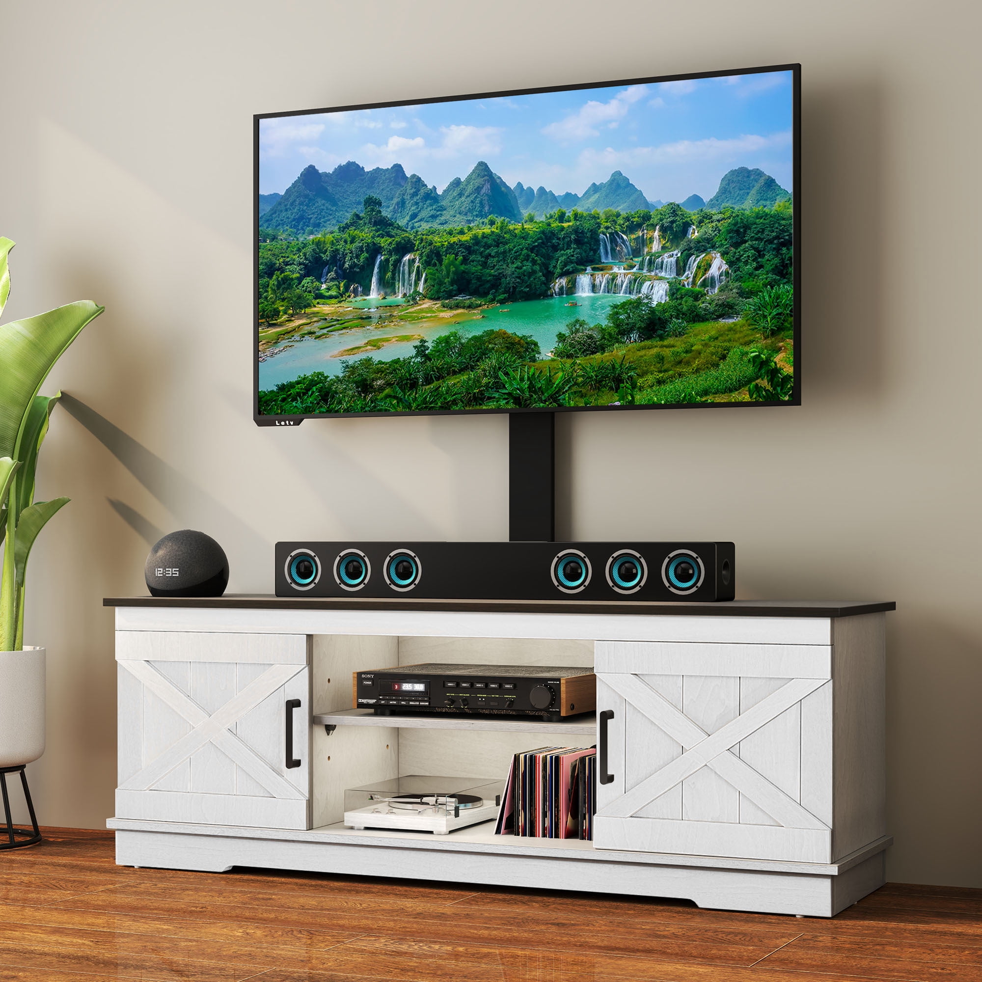 Uforic TV Stand with Mount for 70 inch TVs, Farmhouse Height Adjustable TV Mount, Rustic Oak