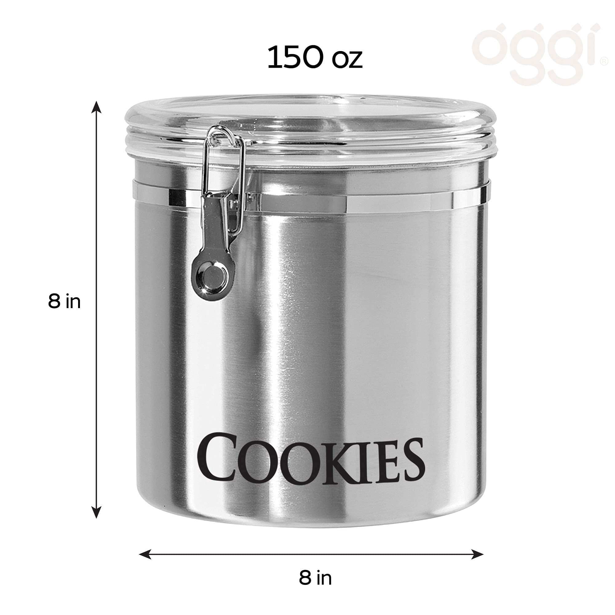 Oggi Airtight Clamp Canister Food Storage Container, 8-Inch-Cookies, Stainless, Clear Lid