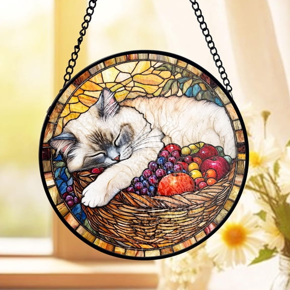 Sleeping Cat Stained Glass Suncatcher, Pet Lover In Fruit Basket Window Hanging, Housewarming Gift For Animal Lover Window Decor, Gift Decor