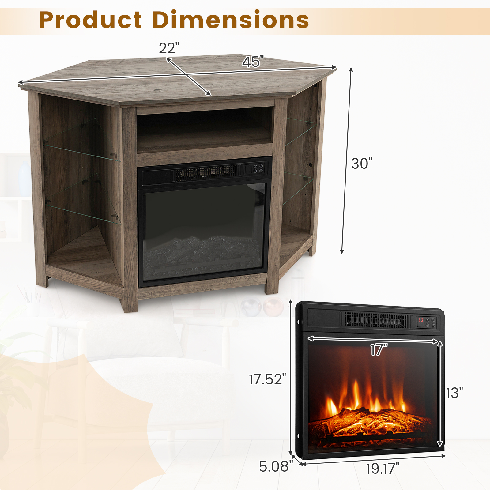 Giantex Corner TV Stand w/Electric Fireplace, Entertainment Center, Media Console Cabinet, Gray