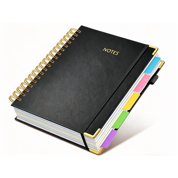 Notebook journal with Removable Dividers Tabs, 300 Pages Leather 5 Subject Notebook College Ruled, 8"x10" Large B5 Notebooks for Work School Note taking, Lined Journal for Women,Black