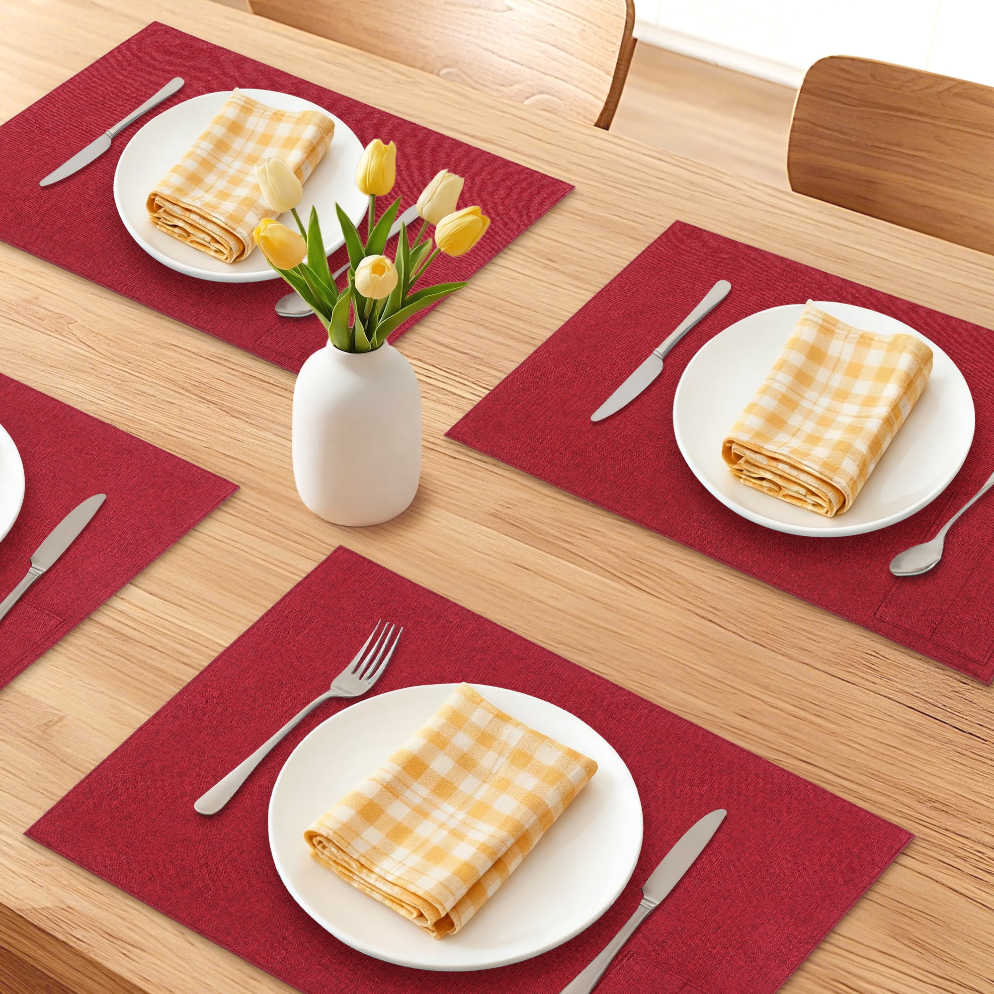 Unique Bargains 4pcsWashable Cotton Linen Placemats Red 17.7"x13"