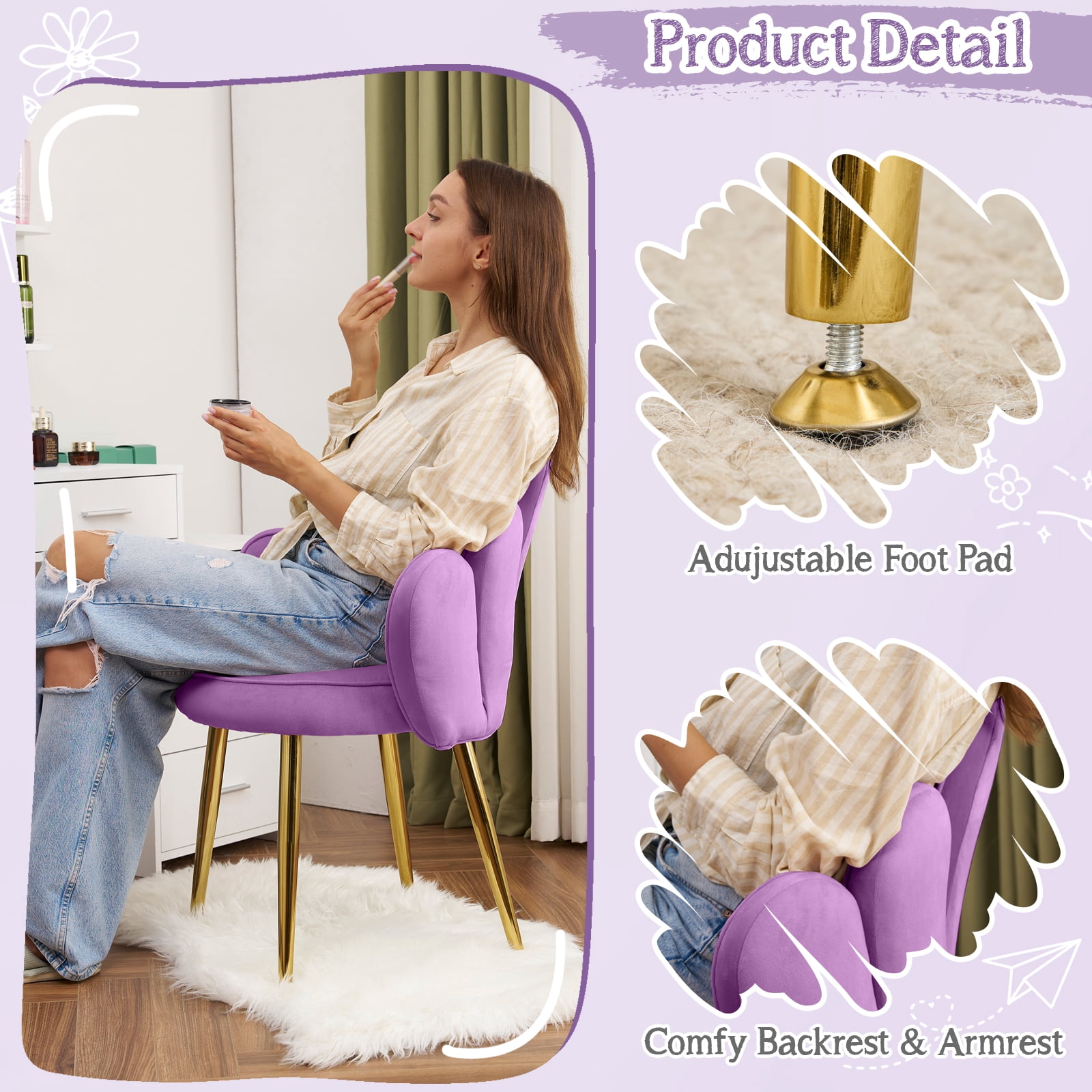 Ktaxon Vanity Makeup Chair Comfy Accent Chair Small Office Chair with Flower Back and Lumbar Pillow for Living Dining Room Bedroom Home Office Velvet Purple