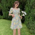 thumbnail image 1 of Summer Ladies Korean Wild Temperament High Waist Square Neck Floral Dress, 1 of 9