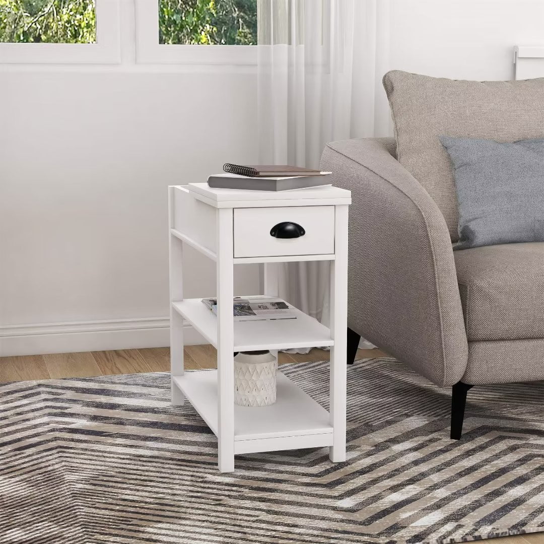 Homestock White Narrow End Table with Storage, Flip Top Narrow Side Tables for Small Spaces, Slim End Table with Storage Shelf