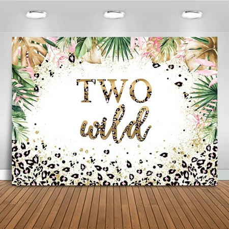Image of Leopard Print Two Wild Backdrop Floral Safari Two Wild Background Girls Cheetah Print 2nd Birthday Party Cake Table Decoration Banner Photo Booth Props (7x5ft)