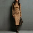 thumbnail image 3 of Women's Pleated Velvet Super Long Dress Long Sleeve High Neck Tight Long Dress Fashion Solid Color for Winter Elegance and Formal Events,Khaki,2XL, 3 of 5
