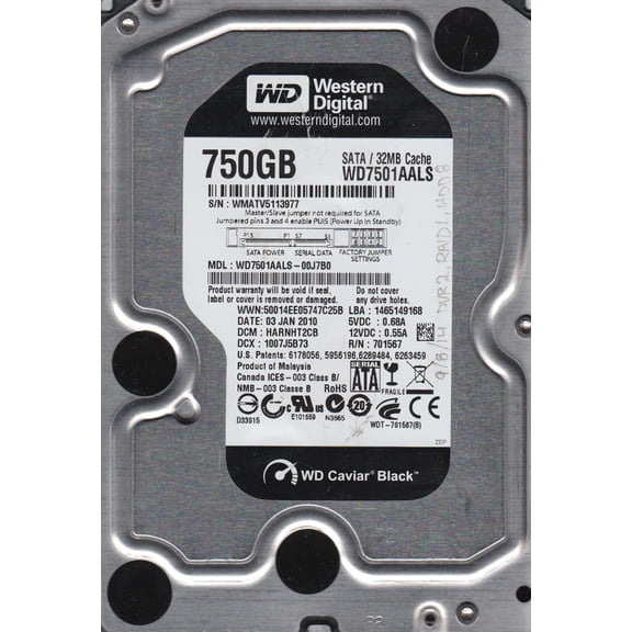 WD7501AALS-00J7B0, DCM HARNHT2CB, Western Digital 750GB SATA 3.5 Hard Drive