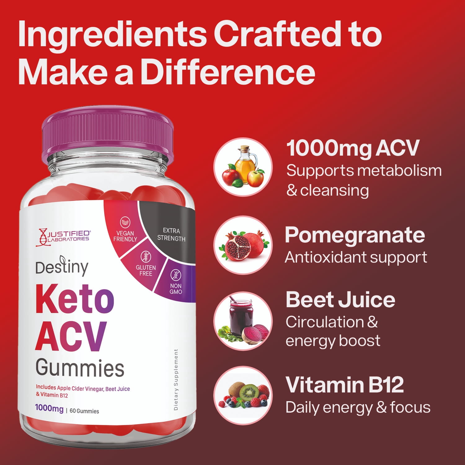 Destiny Keto ACV Gummies 1000MG Dietary Supplement 60 Gummys