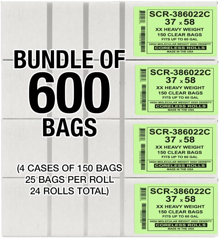 Aluf Plastics 55-60 Gallon Trash Bags Source Reduction Series Value High Density 22 Micron Gauge (equiv) - Intended for Home, Office, Bathroom, Paper, Styrofoam (Pack of 600)