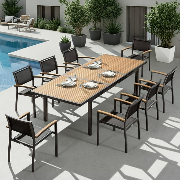 Higold - Heck 9 Pieces Extendable Patio Dining Sets, Grade A Teak, 94.5" L Outdoor Table and 8-Seater Retractable Chairs,  Space Alu Frame