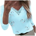thumbnail image 2 of ICHUANYI Clearance Women Fashion Printed V-neck Lace Patchwork 3/4 Sleeve T-shirt Tops Blouse(Sky Blue, XL) ICHUANYI WER2023081015759, 2 of 5
