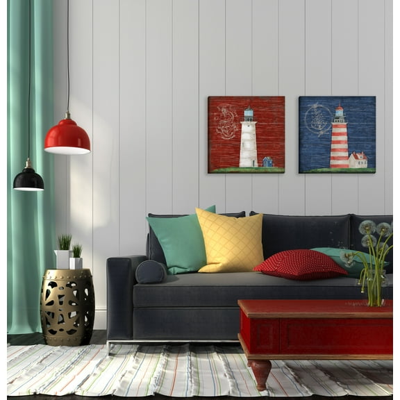 Gango Home Decor Nautical Boothbay Lighthouse Coastal Wall Art; Two Multi-Color 16x16in Hand-Stretched Canvases