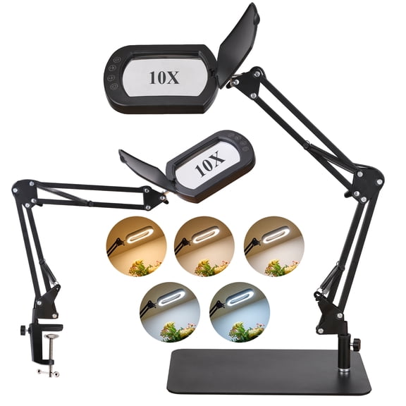 10X Magnifying Glass with Light and Stand, 5 Color Modes Hands Free Magnifying Glass LED light Rechargeable, Brightness Stepless Dimmable Clip on and Table top Magnifying Glass with Light for Reading