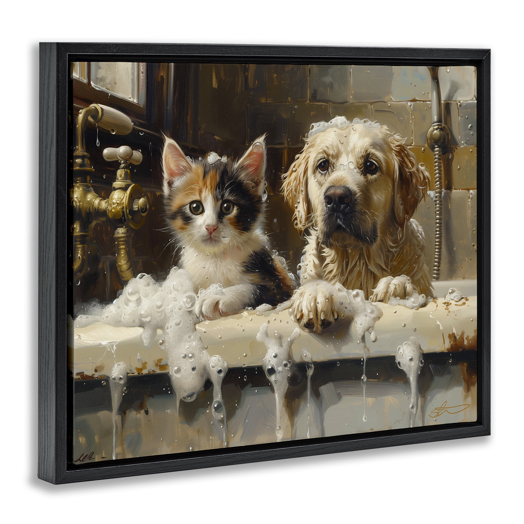 Bath Buddies Cat & Dog Black Framed Floater Canvas Wall Art, design by Shawna Stewart