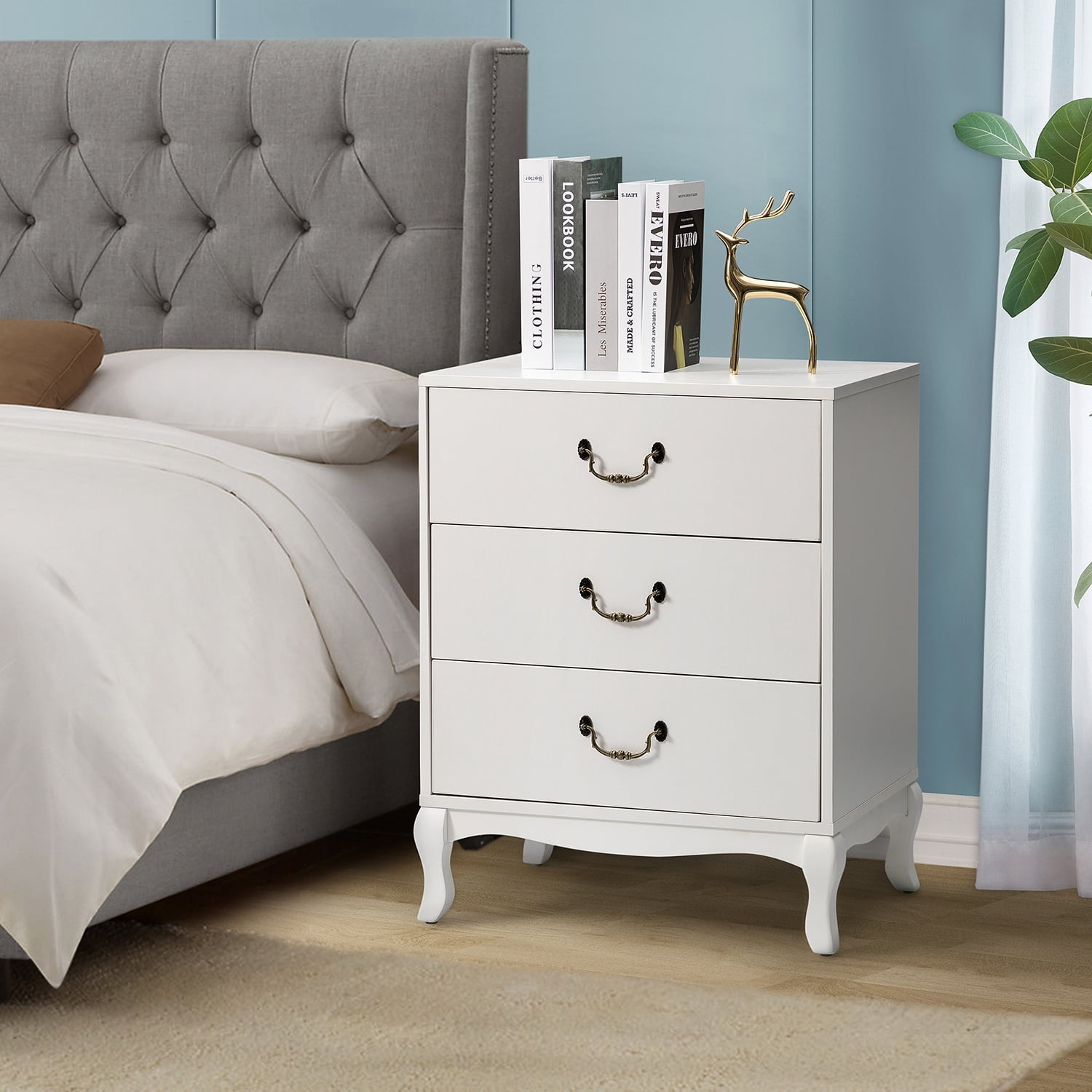 Bedside Table with 3 Storage Drawers, Solid Wood Nightstand Storage