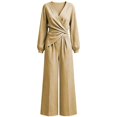 thumbnail image 4 of JIAYUE Women's 2-Piece Set Solid Color V Neck Irregular Long Sleeved Tops With Wide Leg Pants Outfit for Outdoor Travel, 4 of 4