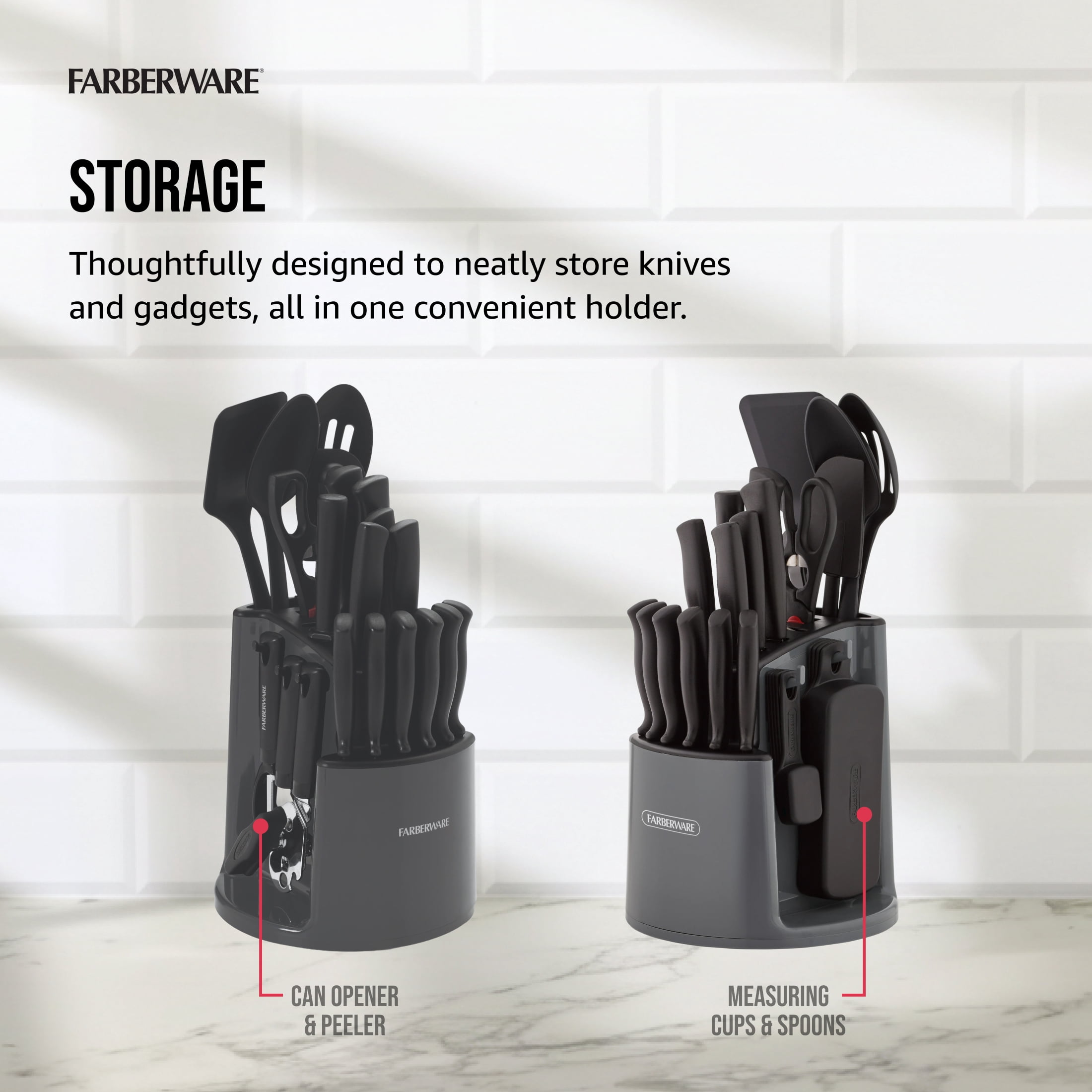 Farberware Classic 30-Piece Spin-N-Store Rotating Carousel Stainless Steel Knife Set & Tool Set Gray