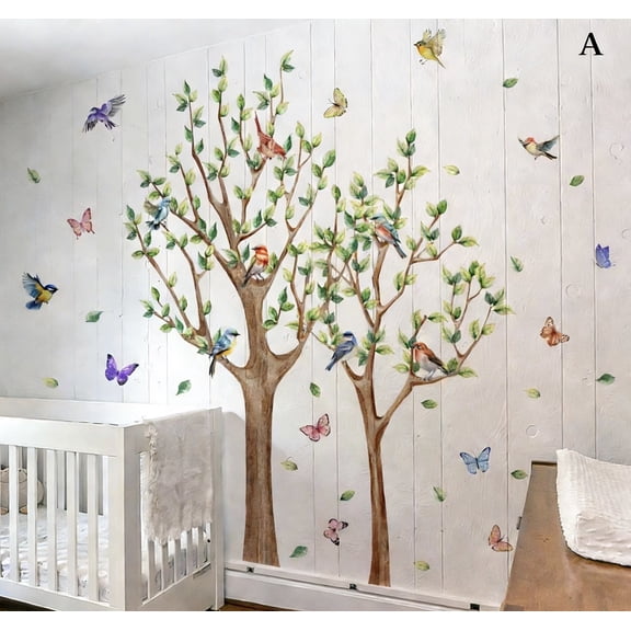Large Green Tree Wall Stickers Flying Leaves Birds Wall Decals DIY Peel and Stick Murals Bedroom Living Room Sofa TV Background Wall Decor
