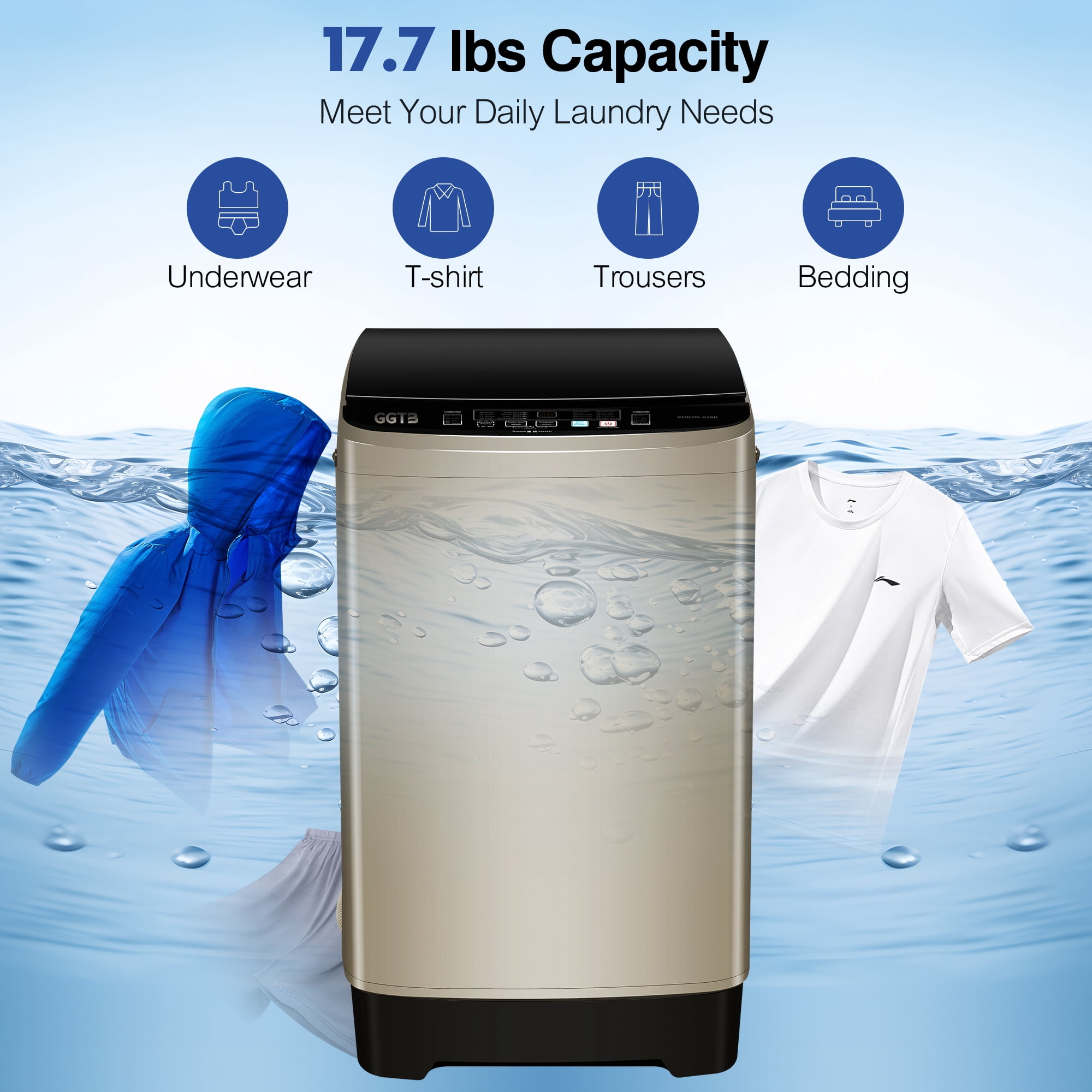 GGTB Portable Washing Machine for Apartments, 20 lbs Full Automatic Clothes Washer Machine,1.9 Cu.ft Top Load Washer with 10 Wash Programs/8 Water Levels, Coffee Gold