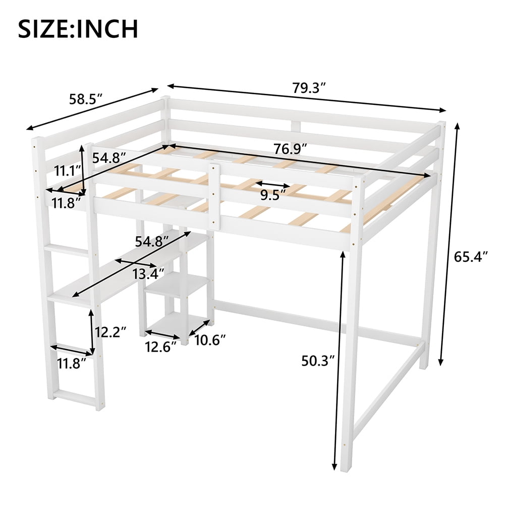 Kadyn Full Size Loft Bed with Built-in Desk and Shelves, No Box Spring Needed, White