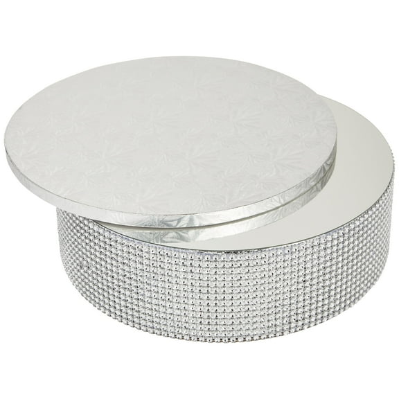 Sparkle and Bash Cake Stand Set with 12-Inch Cake Drum - 2-Piece, 12-Inch Round, Silver Foil & Rhinestone Embellished - Wedding Dessert Centerpiece - Bling Round Display