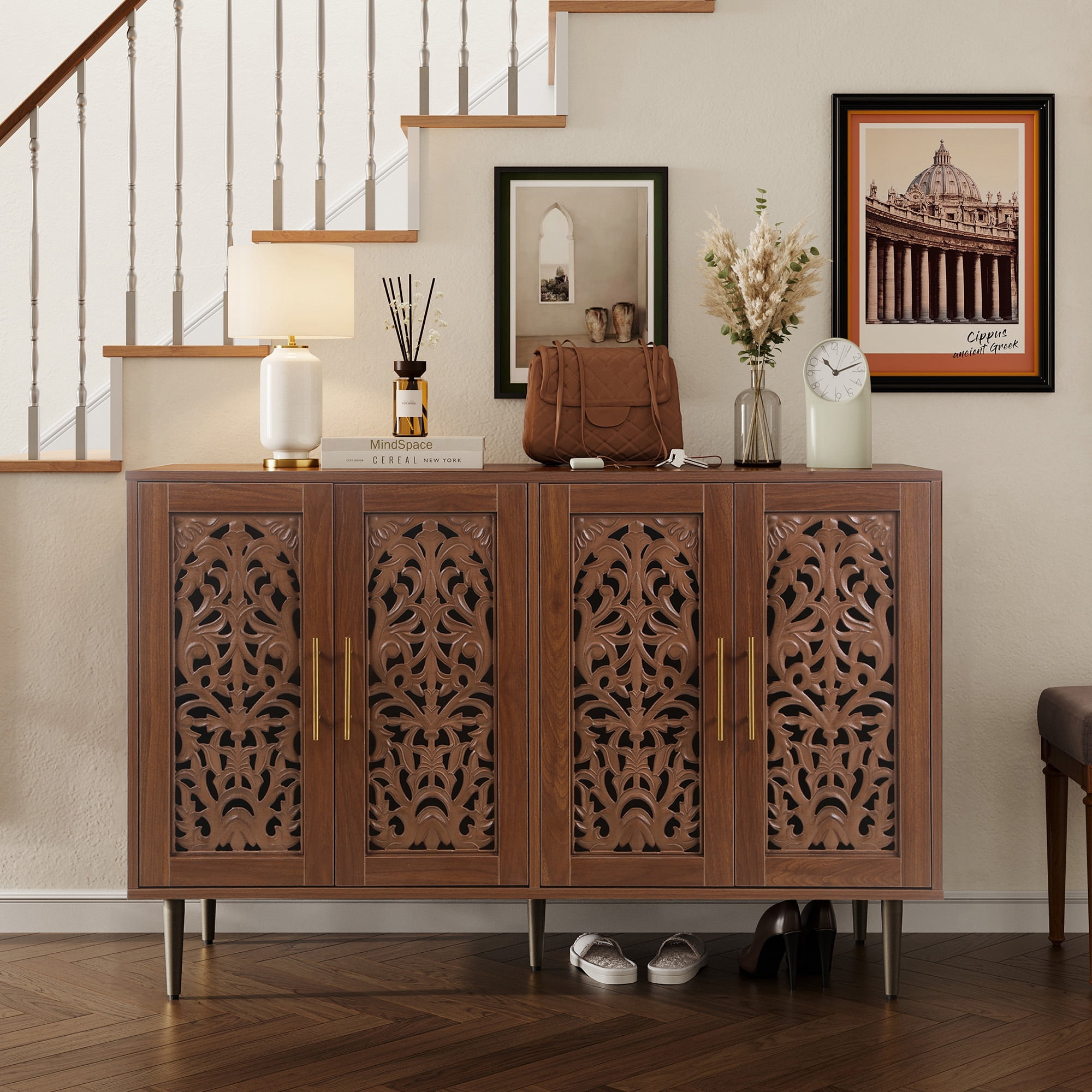 HLR 48 Accent Cabinet 4 Doors Vintage Hollow Carving Storage Credenza Sideboards Buffets Cabinet Living Room Kitchen Dining Room Entryway Brown