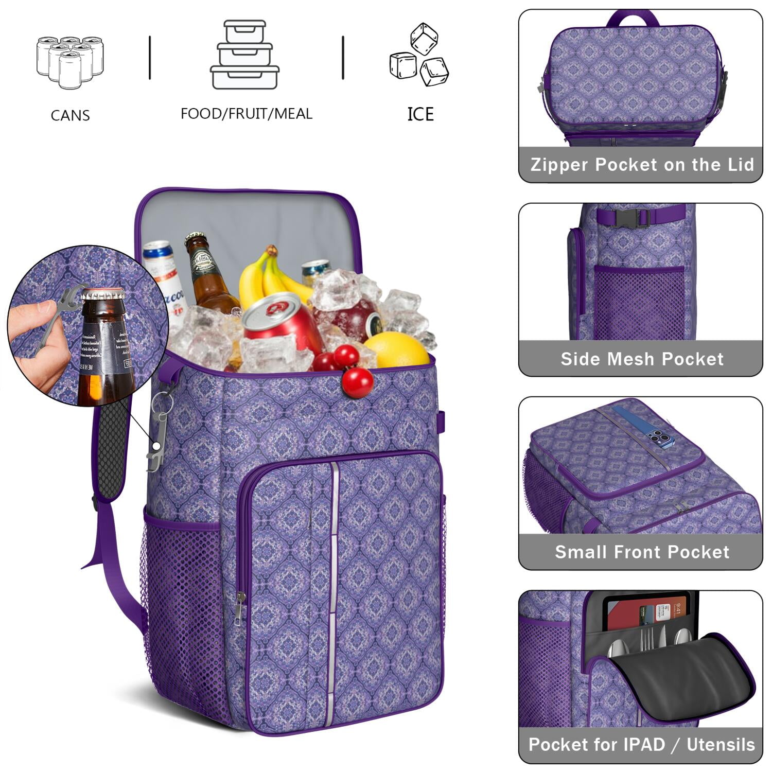Travel Cooler Bag - Boho Bohemia Flower Camping Beer Cooler Backpack with Bottle Opener- Waterproof Insulated Picnic Backpacks - Cooler Bag for Beach
