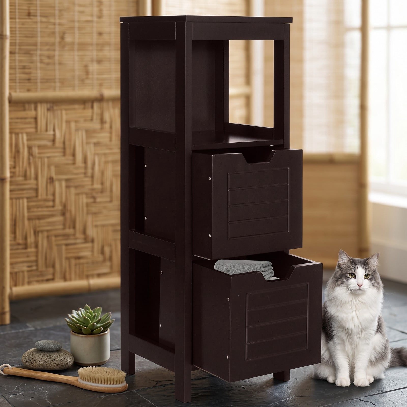 ALPULON Bathroom Wooden Floor Cabinet Multifunction Storage Rack Stand Organizer, Freestanding Storage Cabinet with 2 Drawers and 3 Open Shelves for Living Room, Brown