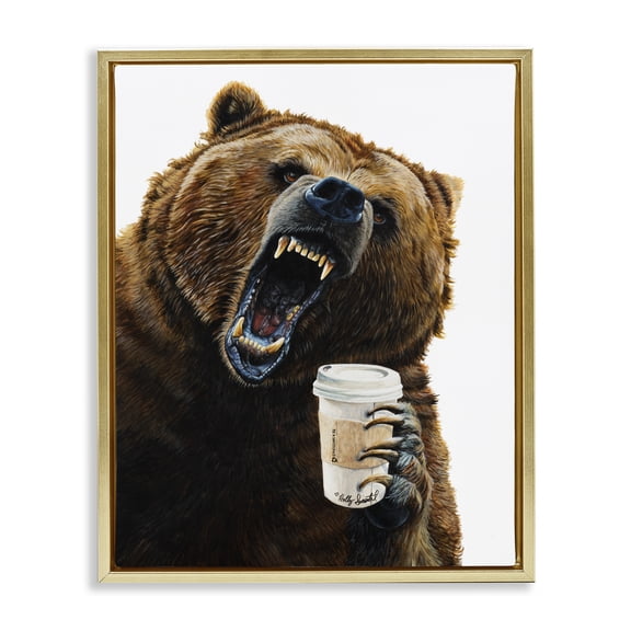 Stupell Industries Eclectic Roaring Bear with Coffee Gold Floating Frame Canvas Art, 17 x 21, by Holly Simental
