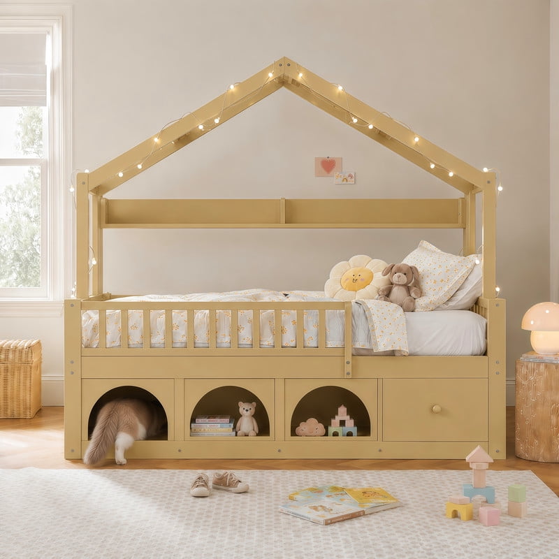 Full Size Kids Montessori Floor Bed Frame with Guardrail & Drawer, Children House Platform Bed with LED Light & Small Cat Bed