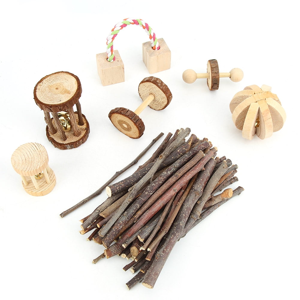 Yajisi 7-Piece Wooden Small Pet Chewing Playing Biting Toy Set for Hamsters, Chinchillas, Guinea Pigs and Rabbits - Play Activity Center, Natural Pine