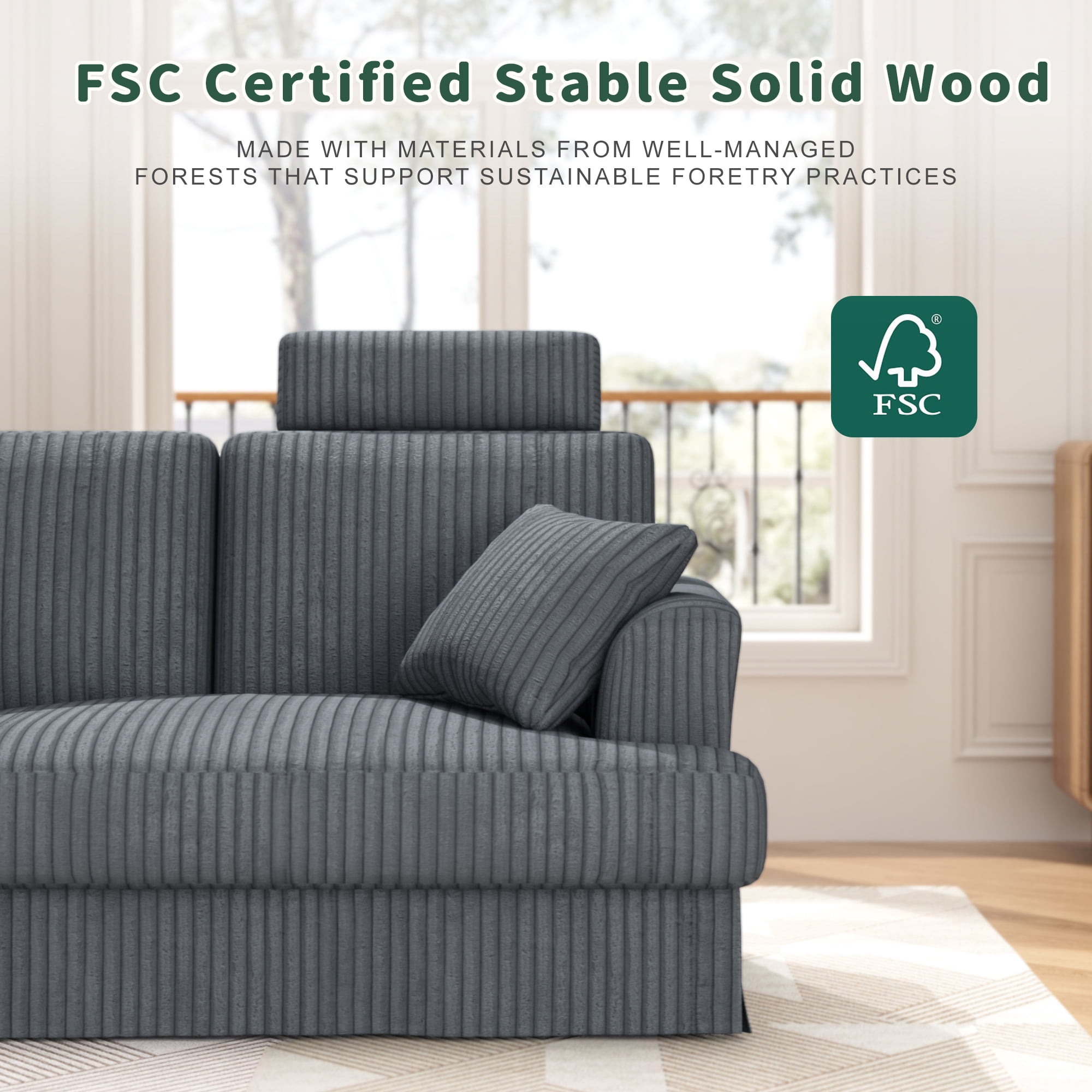 87.5" Corduroy Sofa Couch for Living Room, AAQZ 3 Seater Sofa in a Box, Headrest, 2 Pillows,Gray
