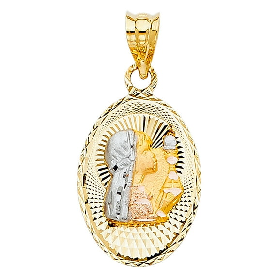 14k Tri-Color Gold Holy Sacrament Gift First Communion Medal Pendant Faith Charm Jewelry Female