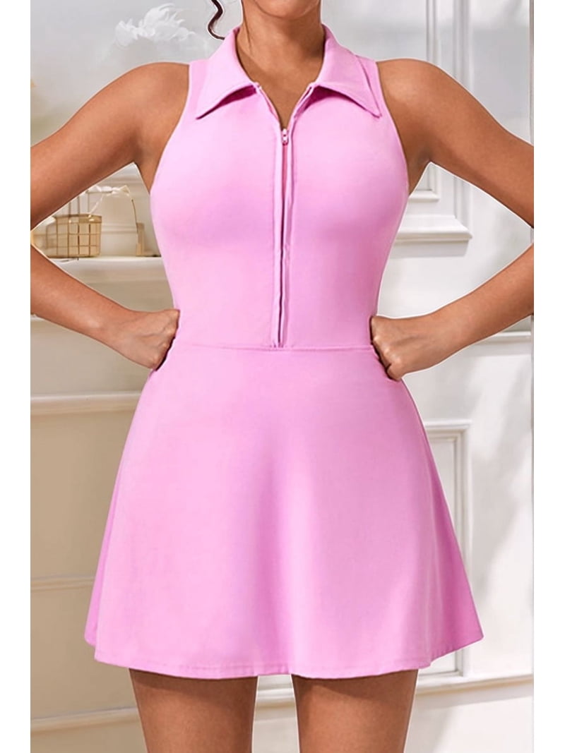 Women's Zip Front Tennis Dress with Collar, Racerback Workout Golf Dress  Built-in Shorts Pockets Pink S - Walmart.com
