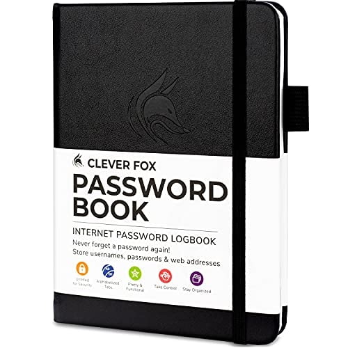 Libro de contraseñas Clever Fox con pestañas. Organizador de direcciones (Negro)