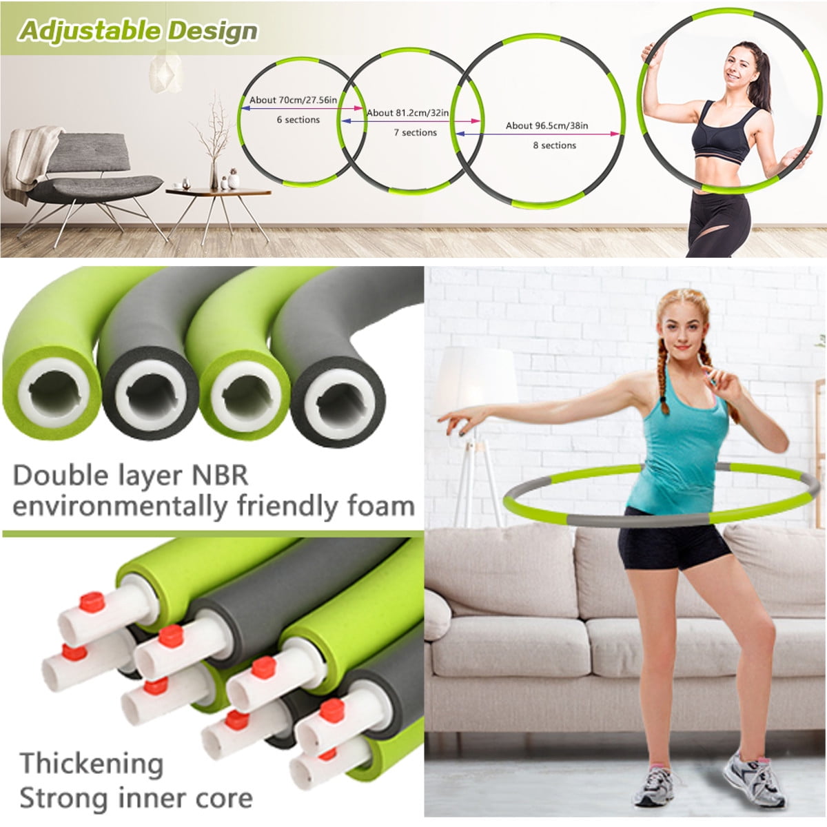 Weighted Hula Hoops for Adults Body Weight Loss with Skipping Rope and Carrying Bag Weight Adjustable and Portable Soft Foam with 8 Detachable Sections Exercise Hula Hoop 