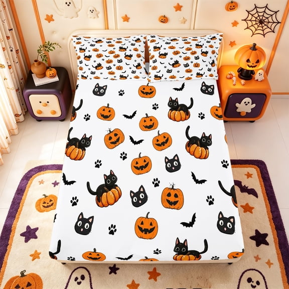 Manfei Happy Halloween Pattern Fitted Sheet Queen,Funny Pumpkin Lantern Bedding,3 Pieces,1 Fitted Sheet and 2 Pillowcases