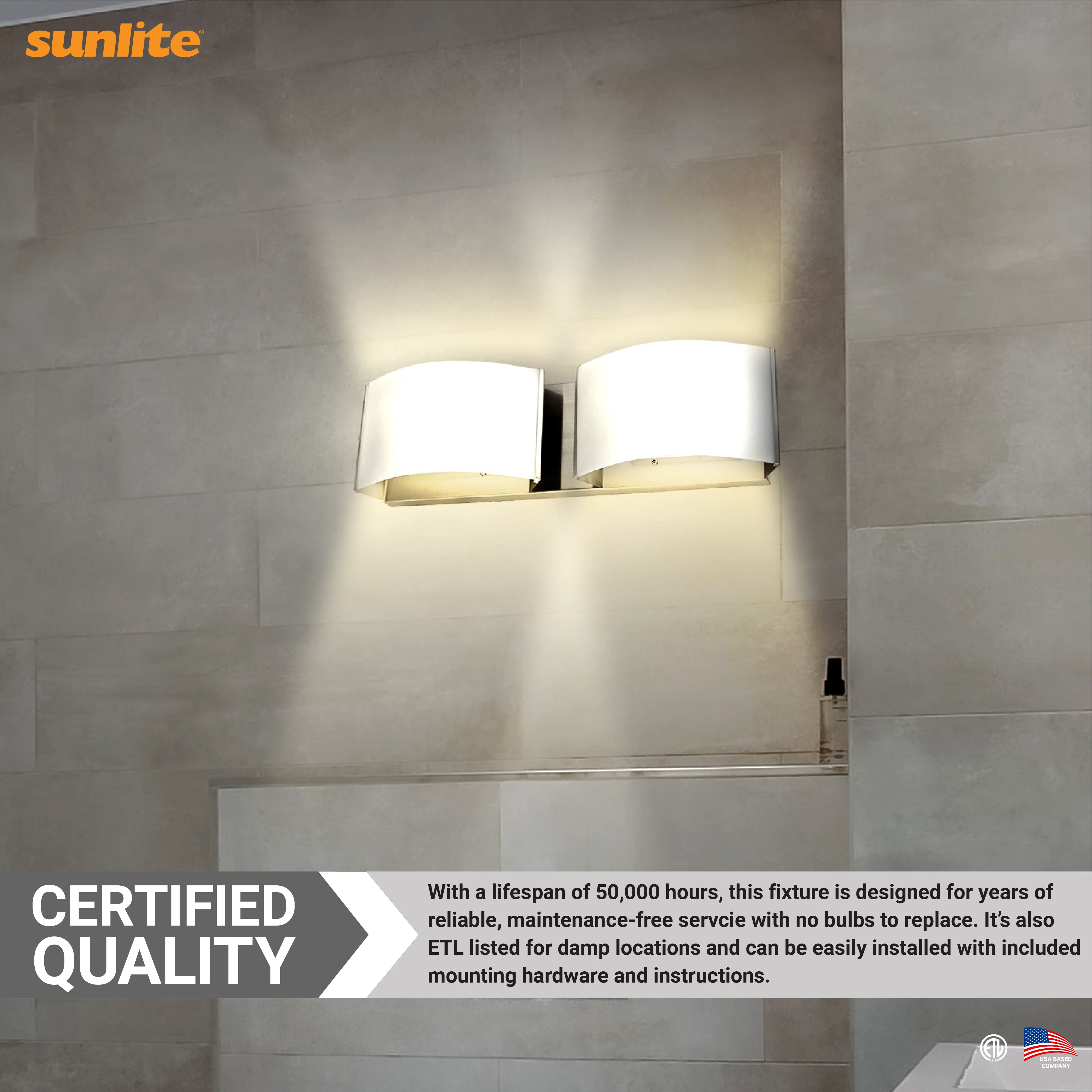 Sunlite 82112 LED Decorative Vanity Light Fixture, 20 Watts, 1300 Lumens, Color Selectable 30K/40K/50K, 2 Lights, Dimmable, 90 CRI, ETL Listed, Brushed Nickel, for Bathroom, Powder Rooms, and Hotels