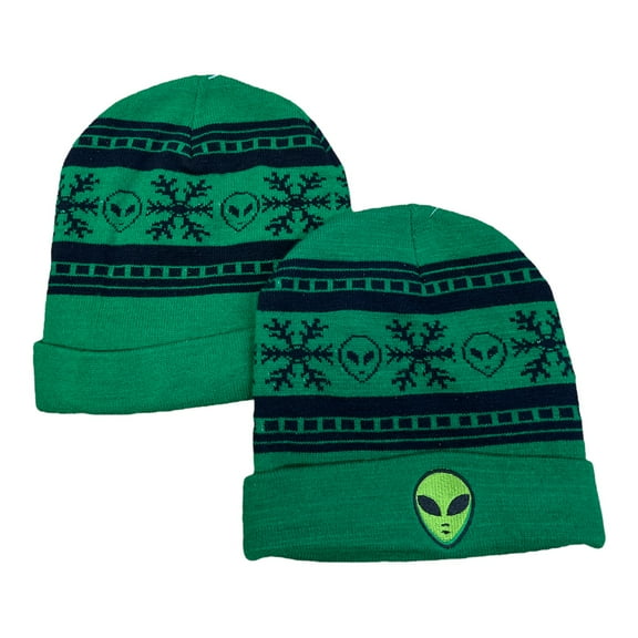 Green Alien Embroidered Cuffed Beanie Hat