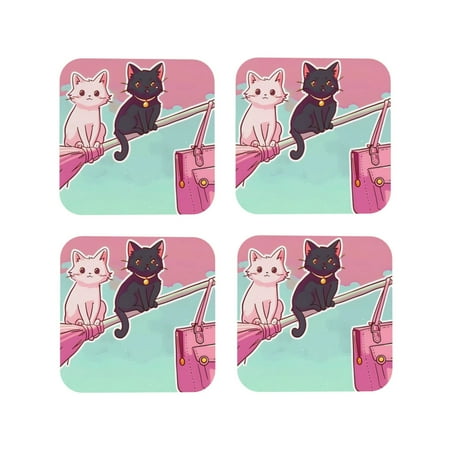 

Junzan Cats On Broomstick Print Coasters for Drinks - Leather Coasters Set of 4 for Coffee Table for Housewarming/Kitchen/Bar/Decor-Square