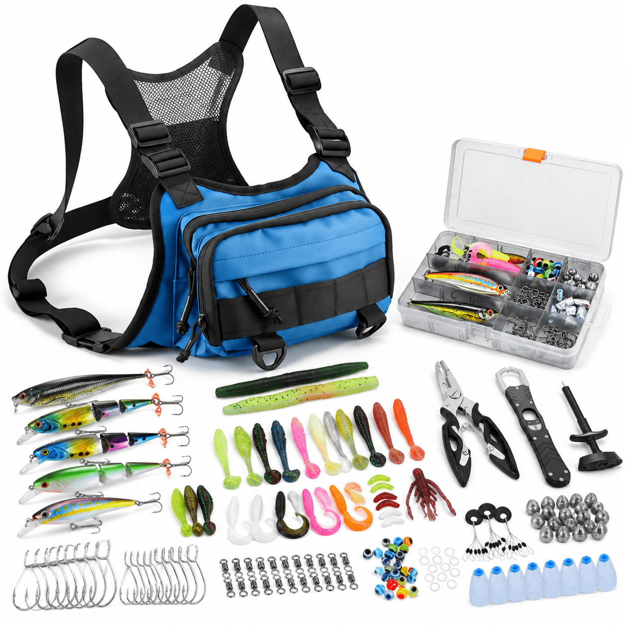 Blue All-In-One Fishing Chest Pack Tackle Bag with Lures Kit and Storage Accessories