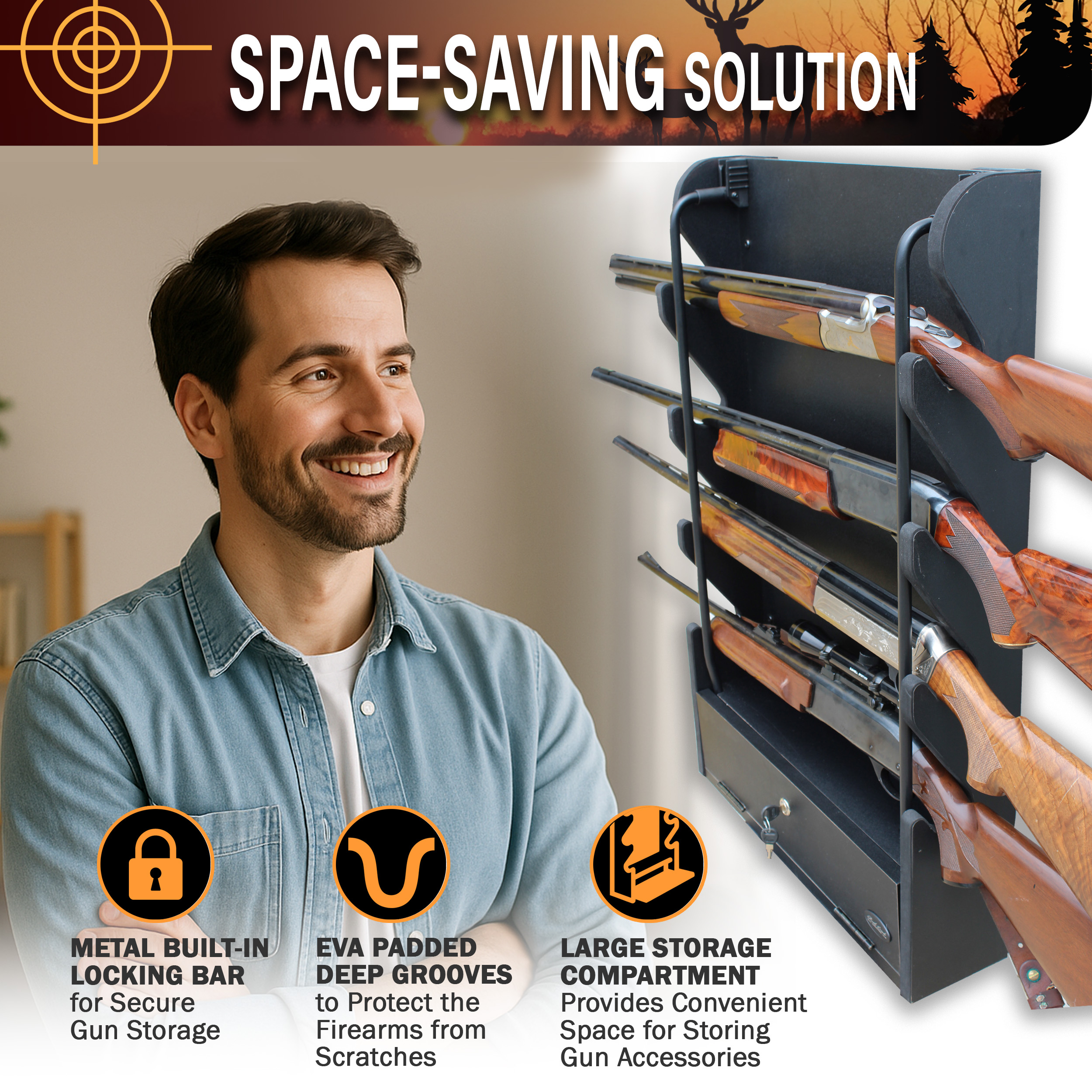 Rush Creek Creations 4 Gun Rack Wall Mount with Storage Compartment and Locking Bar