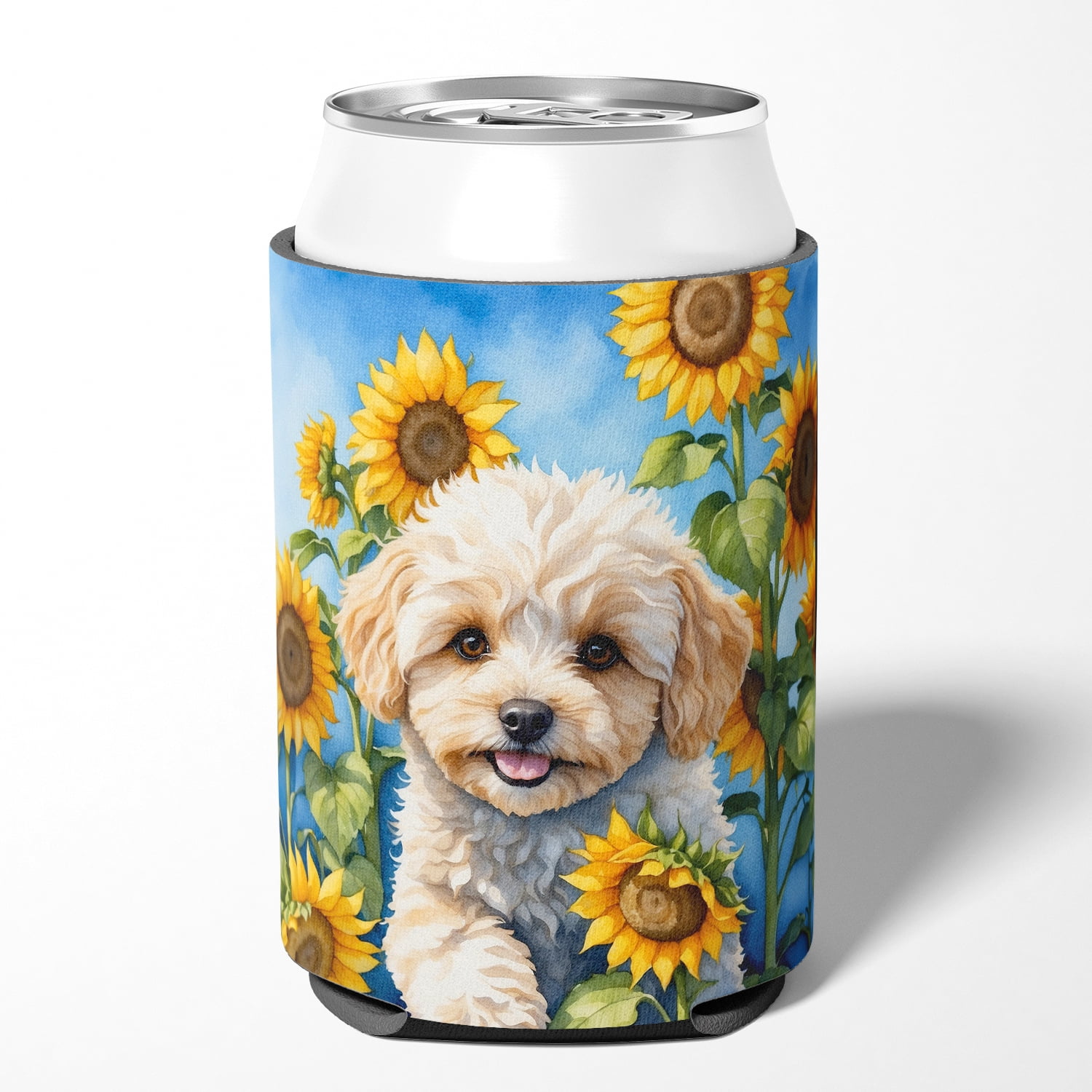 Maltipoo in Sunflowers Can or Bottle Hugger 3 in x 5 in
