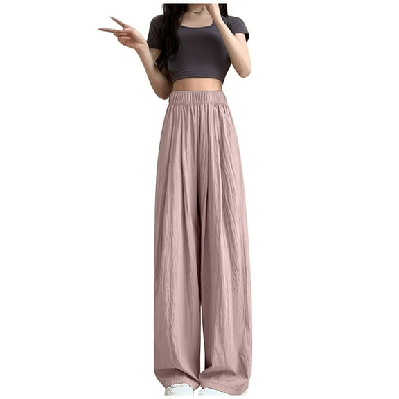 Plebaso Womens Silk Wide Leg Pants Loose Solid Color High Waist Drape Pants Ladies Casual Long Trousers