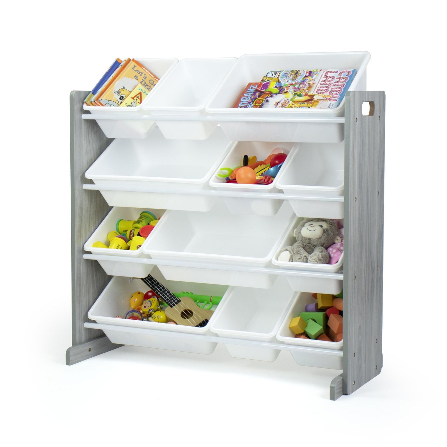 Humble Crew Slate Toy Storage Organizer with 12 Storage Bins, Grey Wood Grain/White