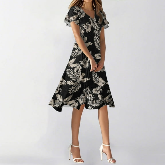 SAATLERI Wedding Guest Dresses for Women Date Night V Neck Bohemian Knee Length Plus Size Summer Dresses Floral Swing Short Sleeve Sundresses