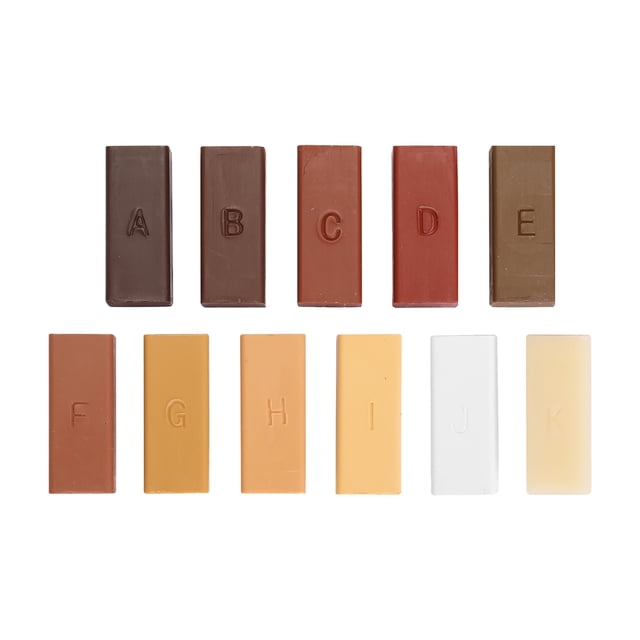 11x kit de relleno de cera blanda para reparación de muebles/laminados/gabinetes de cocina/encimeras, 11 bloques rectangulares multicolor en dos filas sobre fondo blanco, cada bloque con letra en relieve A–K y tamaño aproximado 40x10x15 mm; tonos de marrón a crema para mezclar y rellenar rayones en pisos laminados y superficies de madera, ideal también para retoques en encimeras y marcos.