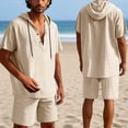 thumbnail image 2 of Conjunto de Pantalones Cortos para Hombre 2 Piezas Outfits Color Sólido Botón Cordón de Lino Camiseta con Capucha Y Pantalones Cortos de Playa, 2 of 9