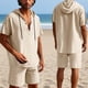 thumbnail image 2 of Conjunto de Pantalones Cortos para Hombre 2 Piezas Outfits Color Sólido Botón Cordón de Lino Camiseta con Capucha Y Pantalones Cortos de Playa, 2 of 9